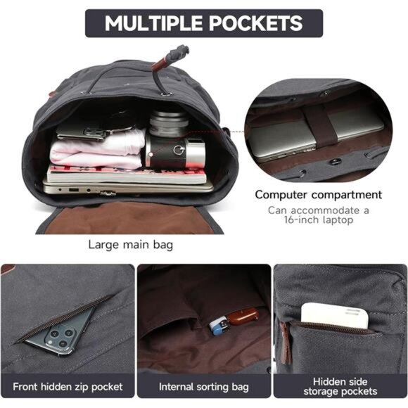 Canvas Backpack, Travel Backpacks Grey - Picture 3 of 7